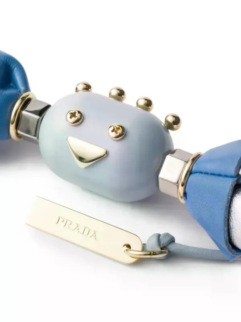 Prada Kids Light Blue Leather Charm Keychain with Gold Accents